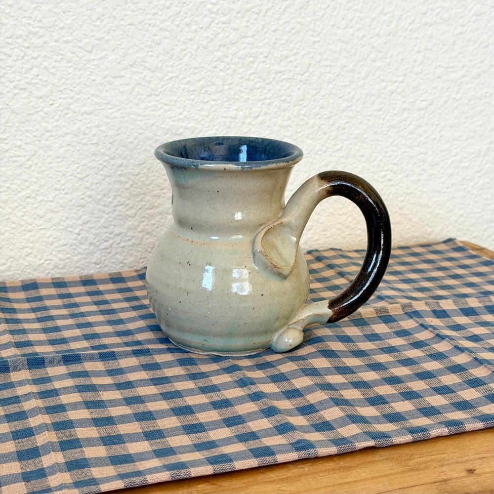 Studio‎ Pottery Mug Blue Tenmoku Glaze Handmade Stoneware Signed Ceramic Cup